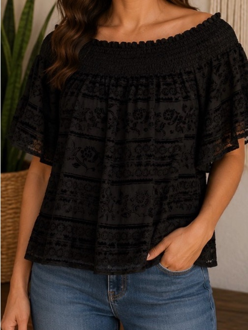 Smocked Off-Shoulder Lace-Trim Blouse - Black